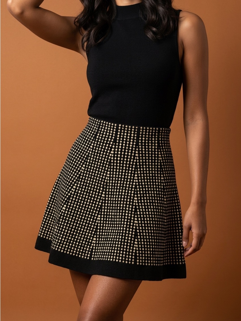 Max Studio Black & Cream Diamond Knit Pleated A-Line Skirt